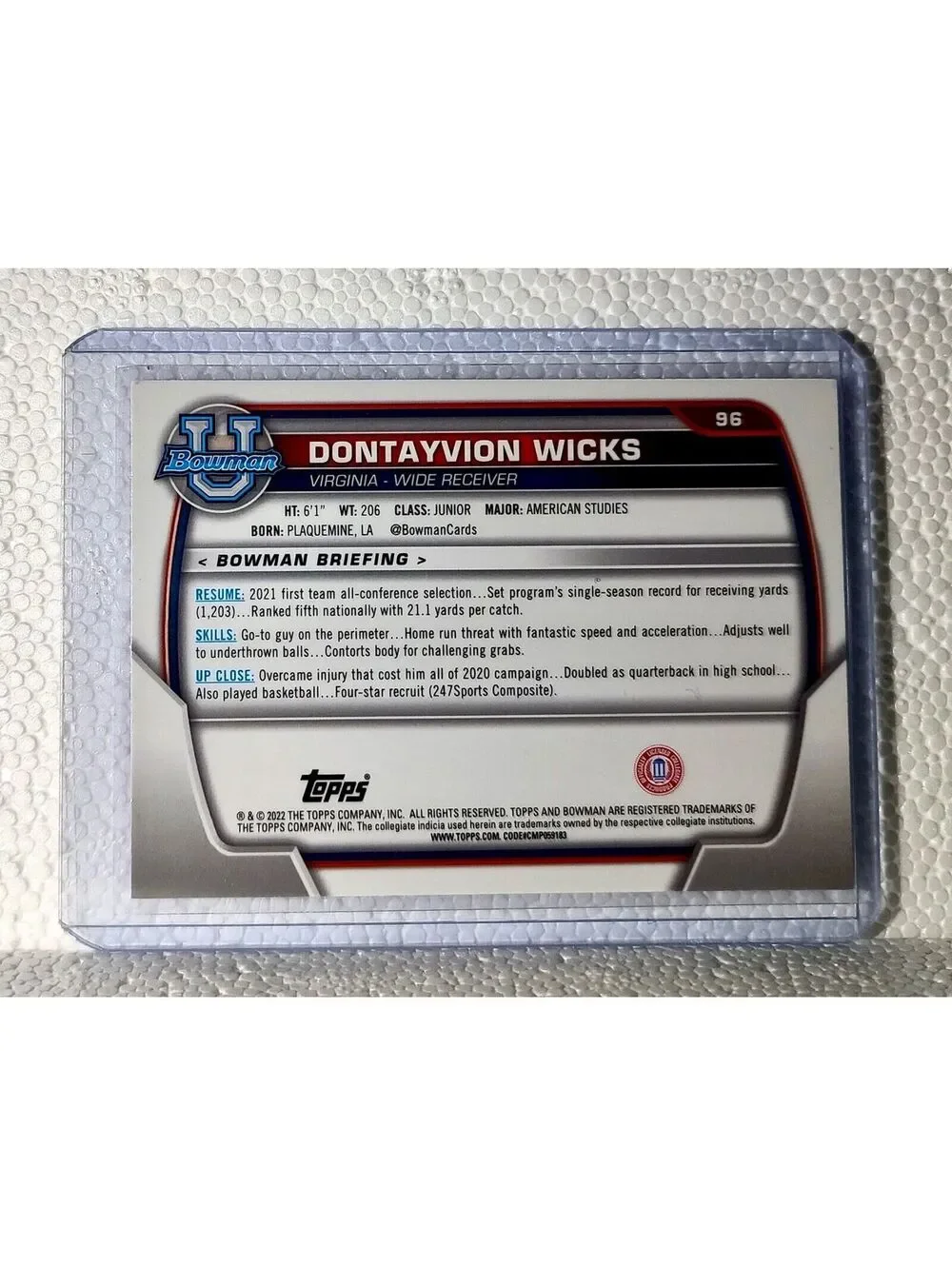 Dontayvion Wicks 2022 Topps 1st Bowman U Pink Refractor #96 Card Virginia
